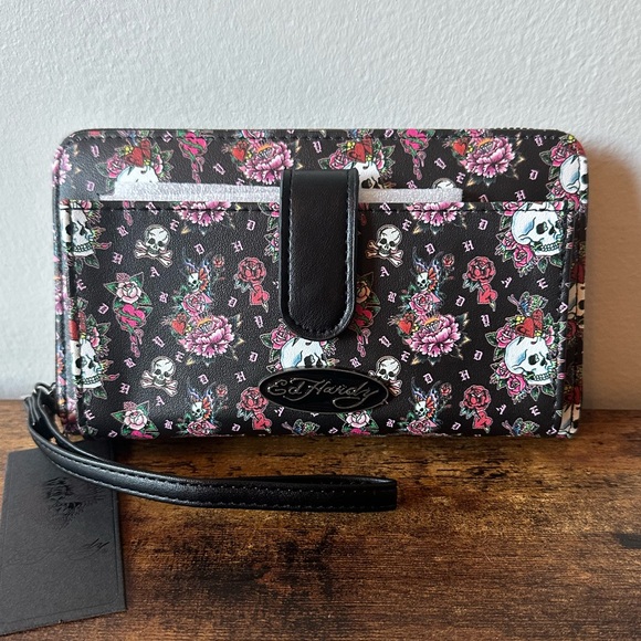 Ed Hardy Handbags - Ed Hardy Black Wallet Wristlet with Skull & Flower Design Front Phone Holder NWT